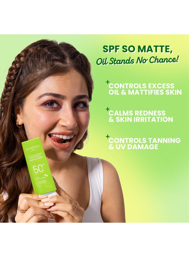 Dot & Key CICA Calming Mattifying Sunscreen SPF 50 PA++++ Pack of 2 80g | Oily Acne Prone & Sensitive Skin | UVA/UVB Protection | No White Cast, Ultra Light, Fragrance Free & Quick Absorbing | 160g - Image 2